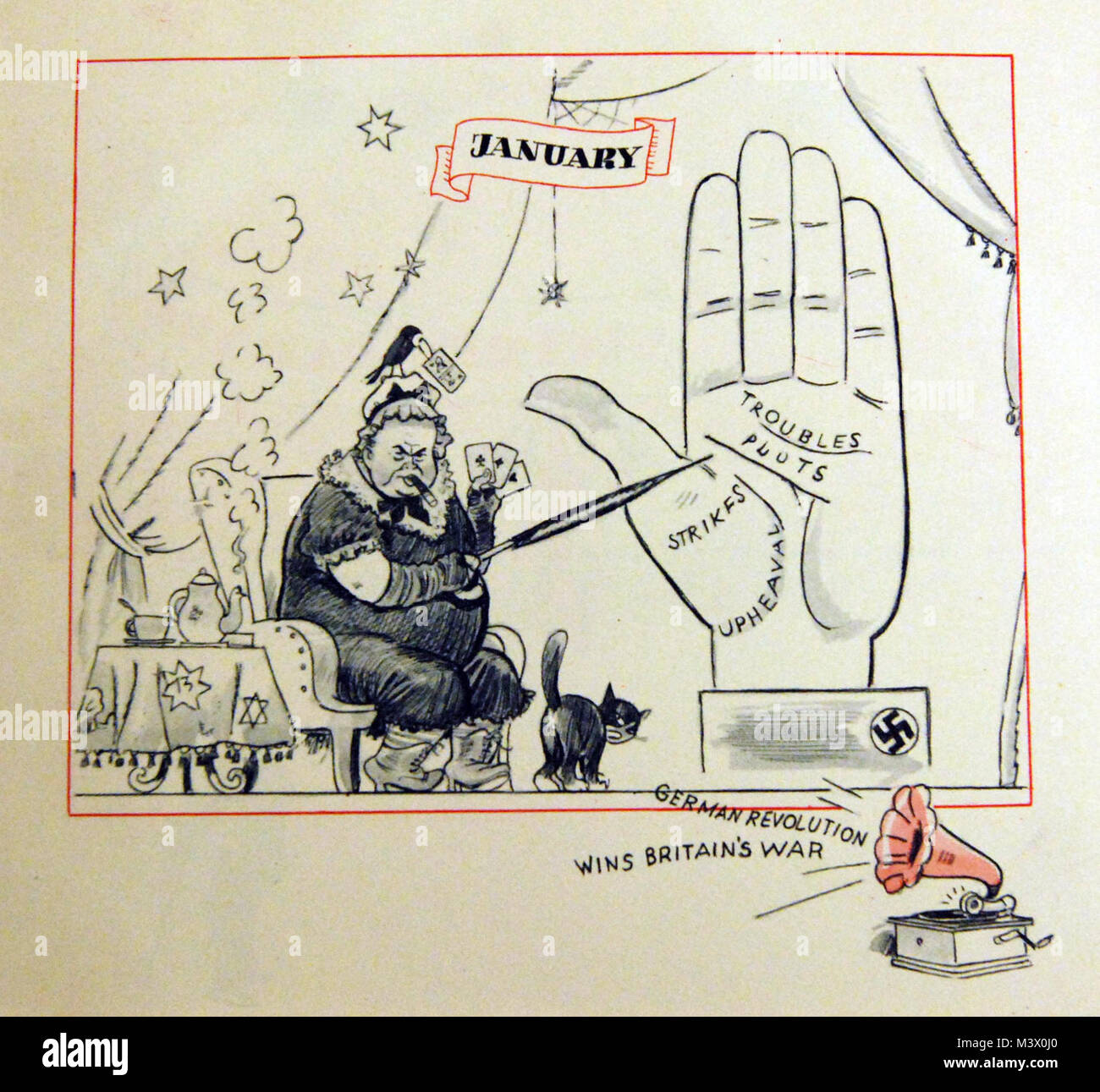 Lot-3867-3: WWII-Cartoons.   Twelve-month pamphlet ridiculing the British war situation in 1940. Shown:  January.   Woman in chair points to German-Nazi hand with the gramophone that is shouting, “German Revolution Wins Britain’s War.”  Note the Jewish stars on the table cloth.     Courtesy of the Library of Congress.  (2018/02/02). Lot-3867-3 26171855048 o Stock Photo