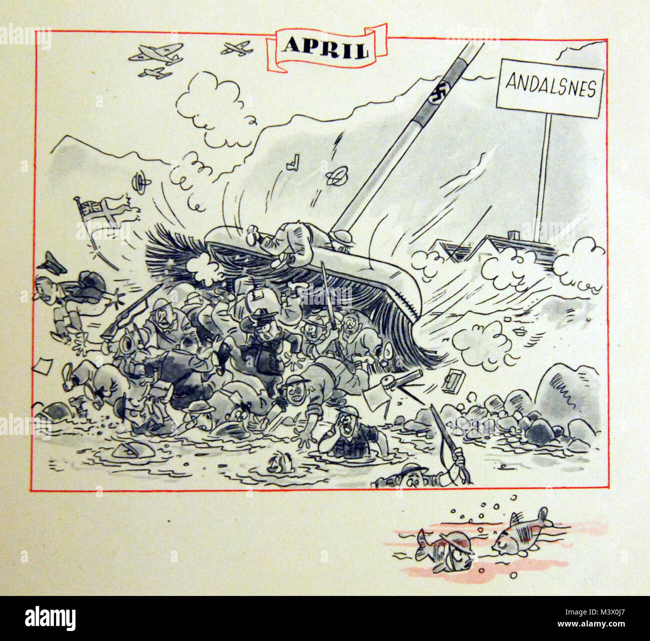 Lot-3867-6: WWII-Cartoons.   Twelve-month pamphlet ridiculing the British war situation in 1940. Shown:  April.   Image shows the British being pushed back during the Andalsnes, Norway, landings.   Courtesy of the Library of Congress.  (2018/02/02). Lot-3867-6 40045241241 o Stock Photo