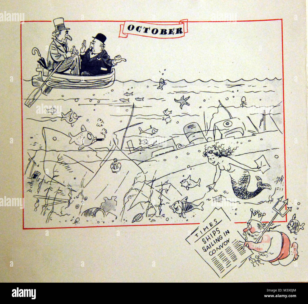 Lot-3867-12: WWII-Cartoons.   Twelve-month pamphlet ridiculing the British war situation in 1940. Shown:  October.  Images shows the precarious journey by sea of merchant tankers in convoys.   Courtesy of the Library of Congress.  (2018/02/02). Lot-3867-12 39334600614 o Stock Photo