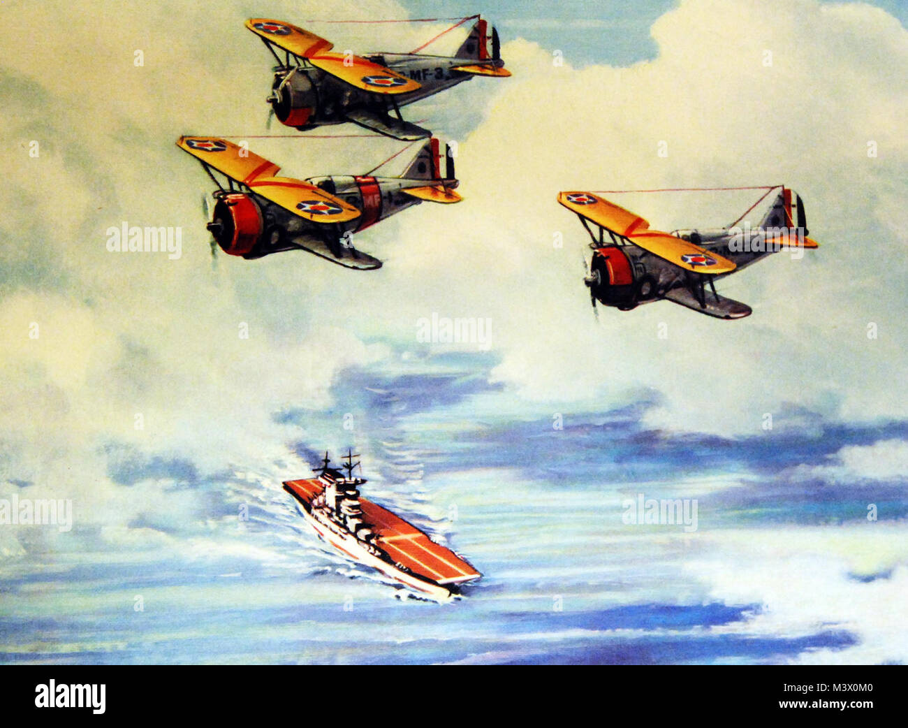 Lot-4908-4: WWII-US Aircraft.    “Over the Nest”.   Grumman F3F-2 fighters over aircraft carrier.    Artwork by Charles H. Hubbell.  Courtesy of the Library of Congress.  (2018/02/02). Lot-4908-4 39334684614 o Stock Photo