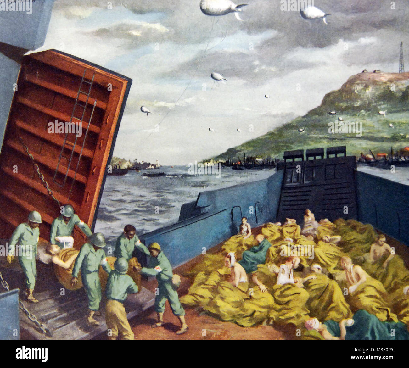 Lot-7409-16:  WWII:  Paintings of Army Medicine.  “Normandy Victory Cargo.”   Artwork by Lawrence Beale Smith.    Abbott Laboratories.  Courtesy of the Library of Congress.  (2018/02/02). Lot-7409-16 40012591192 o Stock Photo