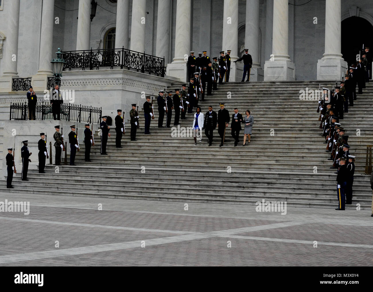 A joint honor guard salutes as role players representing the president, vice president and their spouses descend the U.S. Capitol steps during the presidential inauguration dress rehearsal in Washington, D.C. (Department of Defense photo/Staff Sgt. Wesley Farnsworth) Inauguration004 by AirmanMagazine Stock Photo