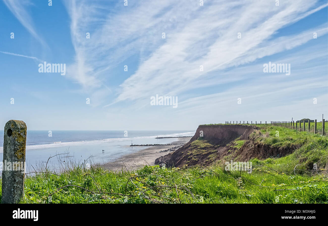 Cliff top view of the North Sea at Mappleton. The cliffs stretch into
