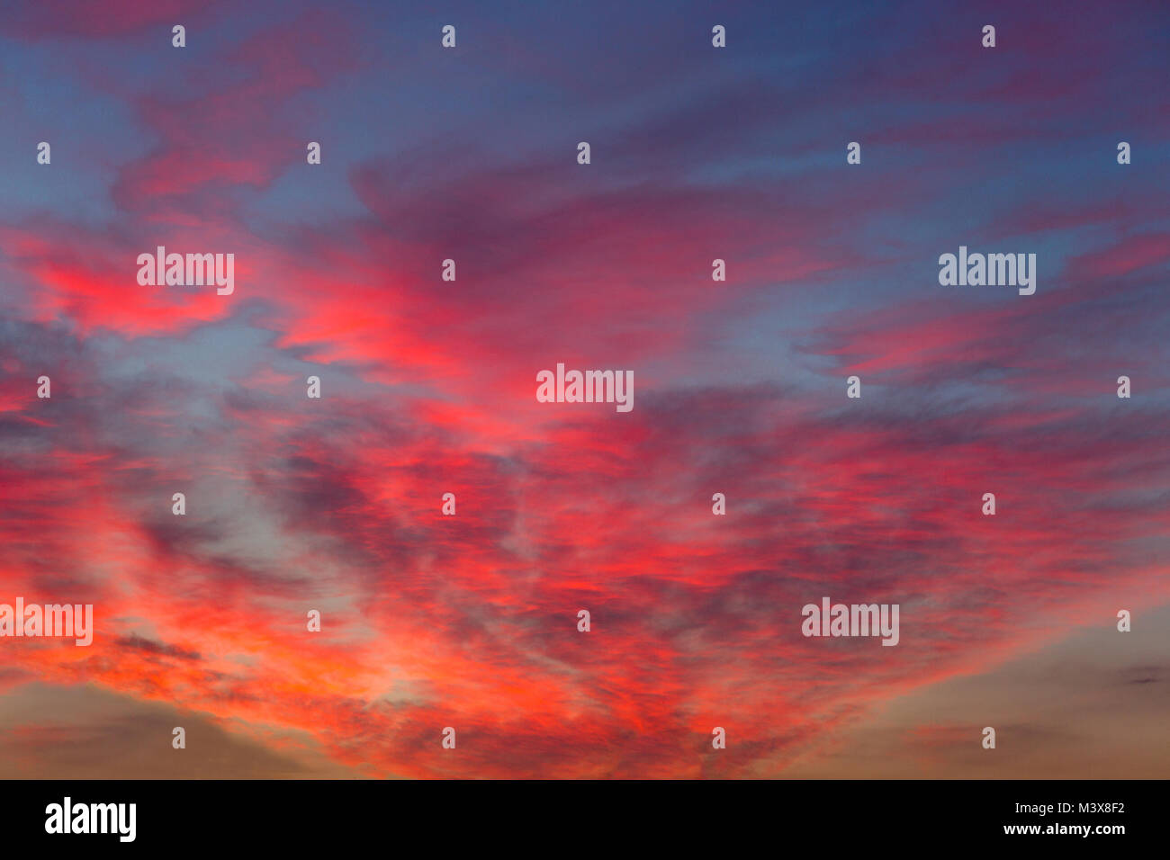 Pink purple sunset clouds on a blue sky. Colorfull abstract background. Stock Photo