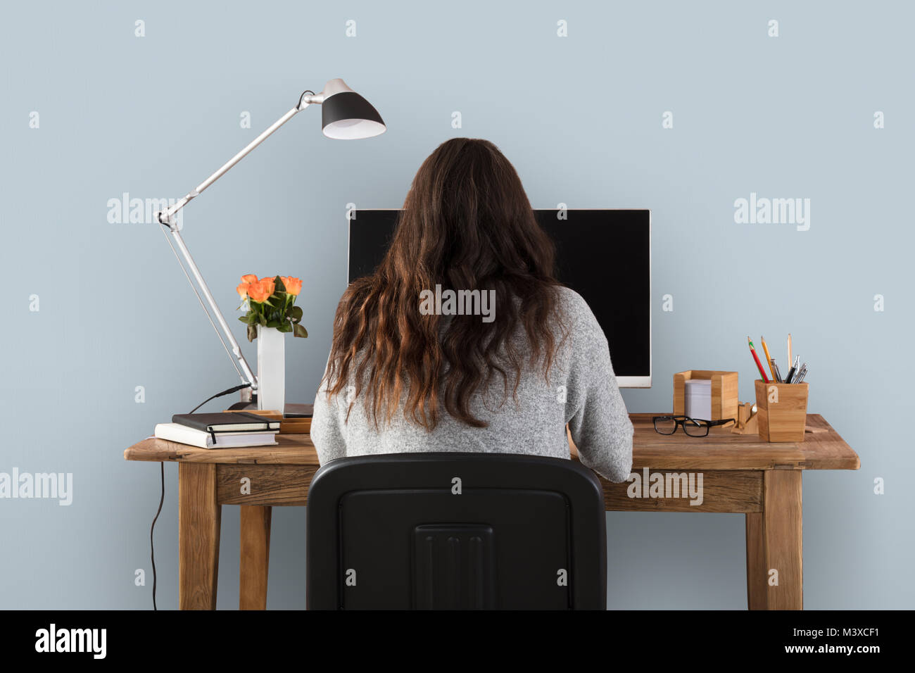 Rear View Of A Woman Working On Computer With Blank Screen Stock Photo ...