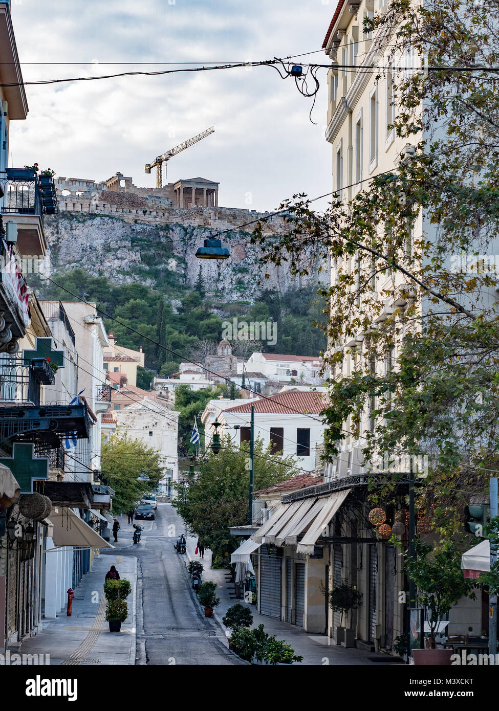 Plaka Athens Greece with Acropolis Stock Photo