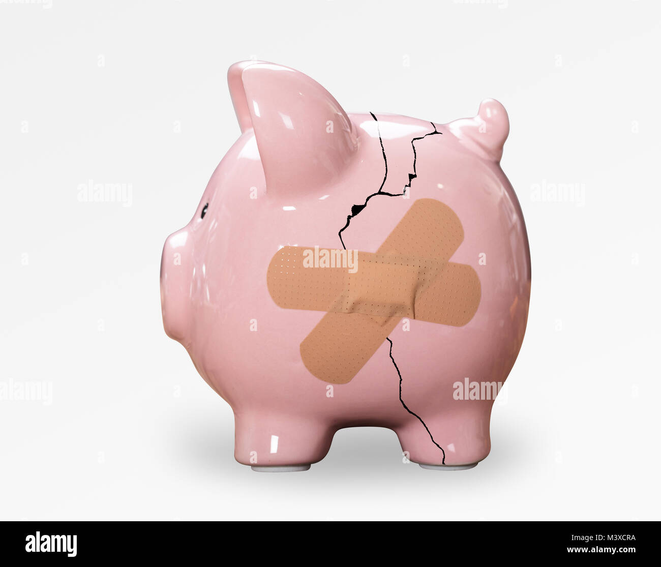 Broken Pink Piggybank With Bandage On White Background Stock Photo