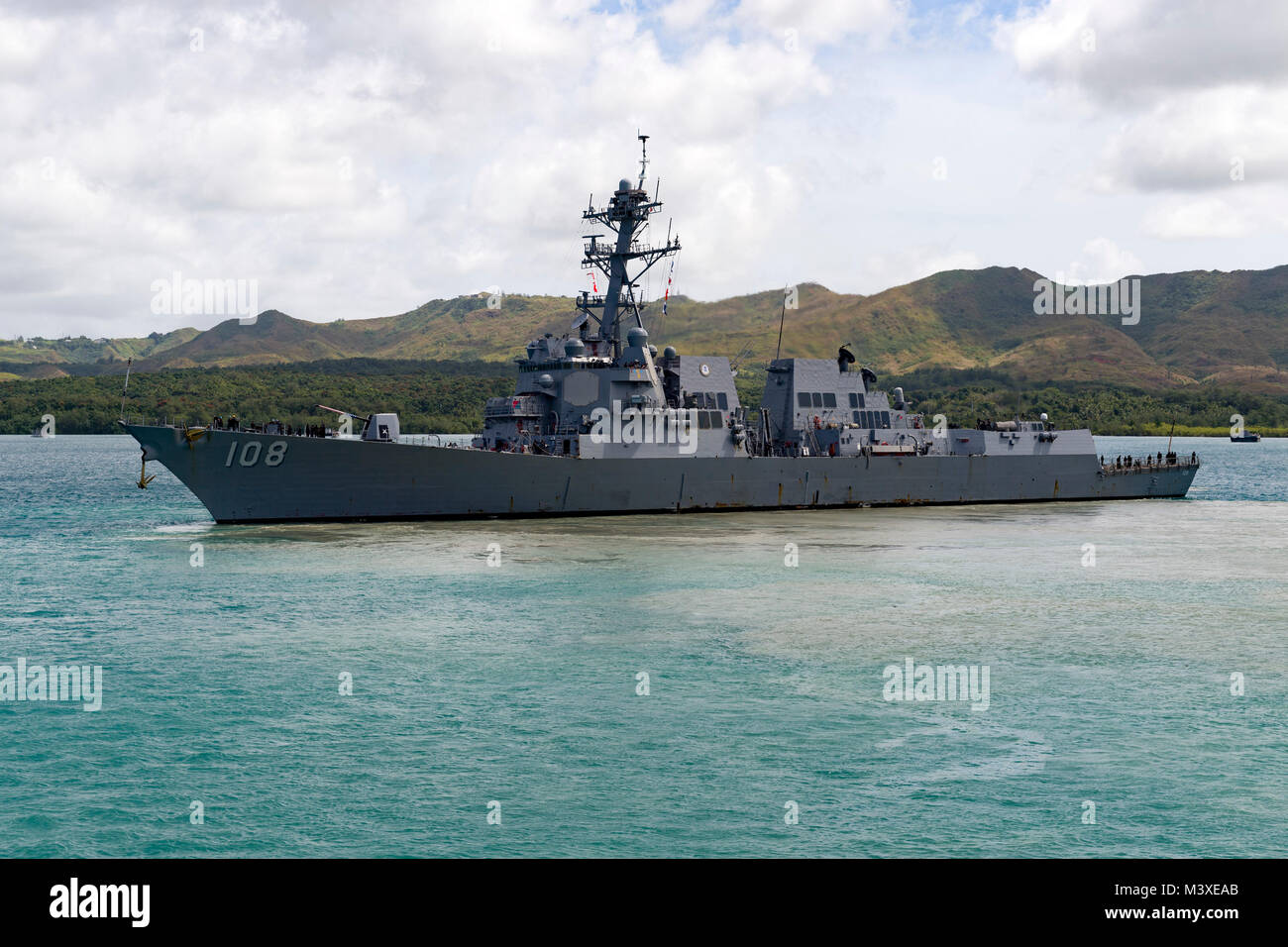 180203-N-LN093-0007  SANTA RITA, Guam (Feb. 3, 2018) The Arleigh Burke-Class guided-missile destroyer USS Wayne E Meyer (DDG 108) departs Apra Harbor, Naval Base Guam after a planned port visit. Wayne E Meyer is currently operating in the Pacific as part of the Carl Vinson Strike Group. (U.S. Navy photo by Mass Communication Specialist 3rd Class Jasen Morenogarcia/Released) Stock Photo