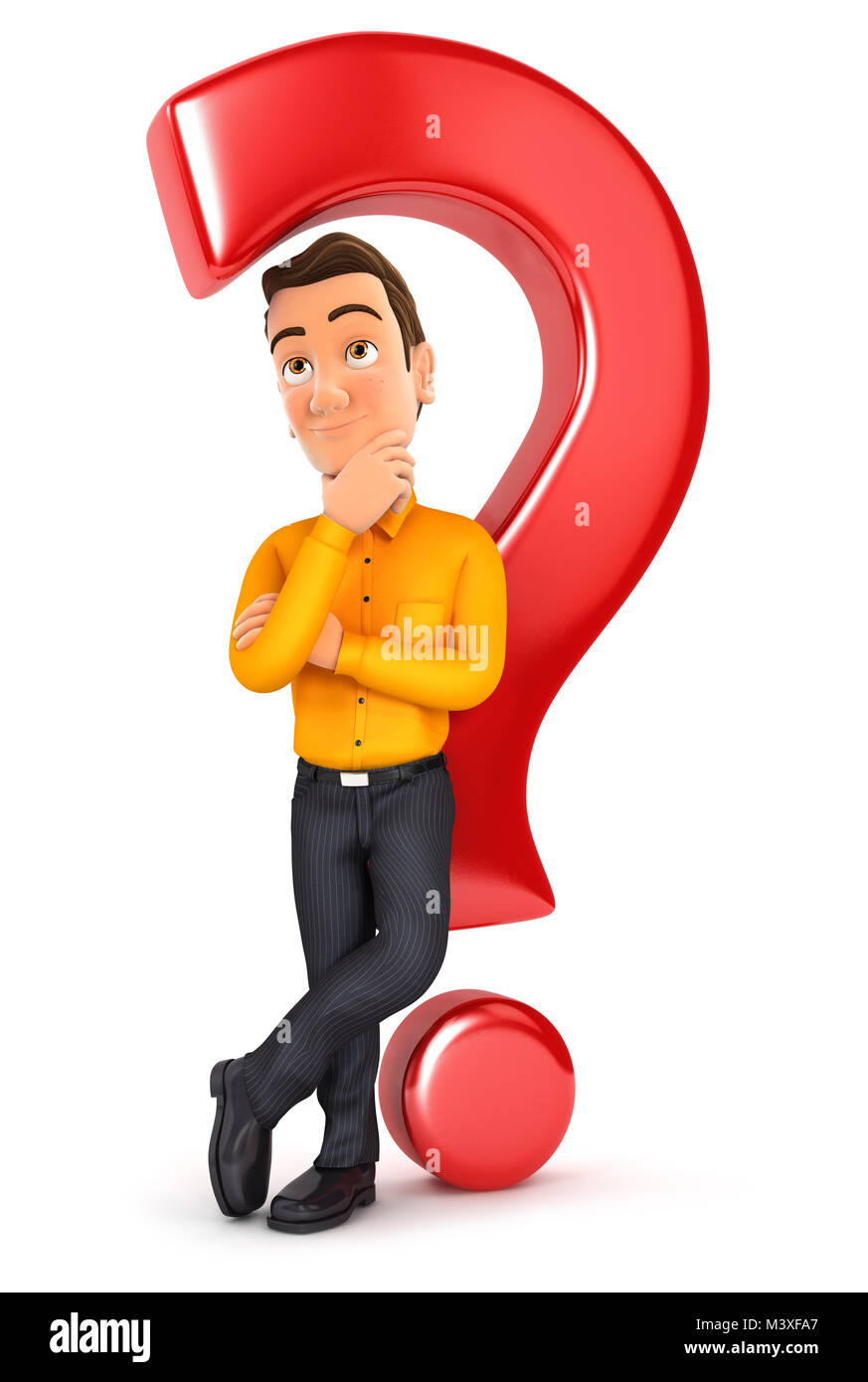 3d man leaning back against question mark, illustration with isolated white background Stock Photo