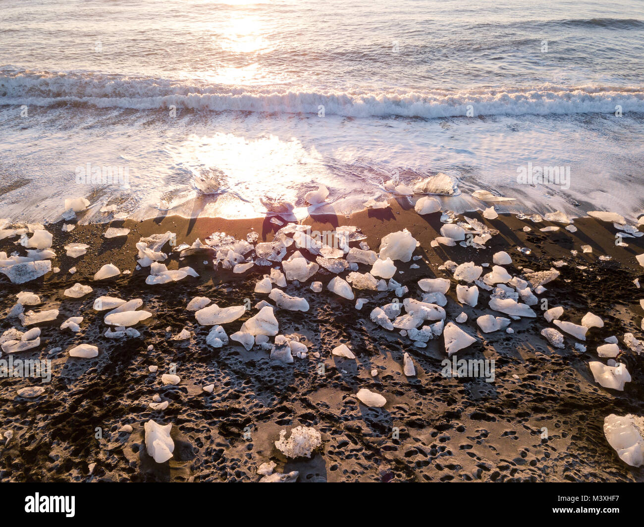 sunset over famous diamond beach iceland this sand lava beach Stock Photo