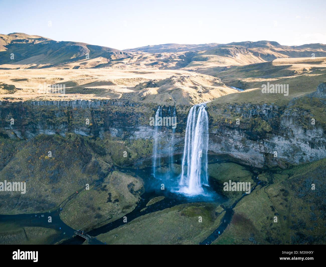 Travel to iceland seljalandsfoss waterfall of seljalands river drone pictures arial view Stock Photo