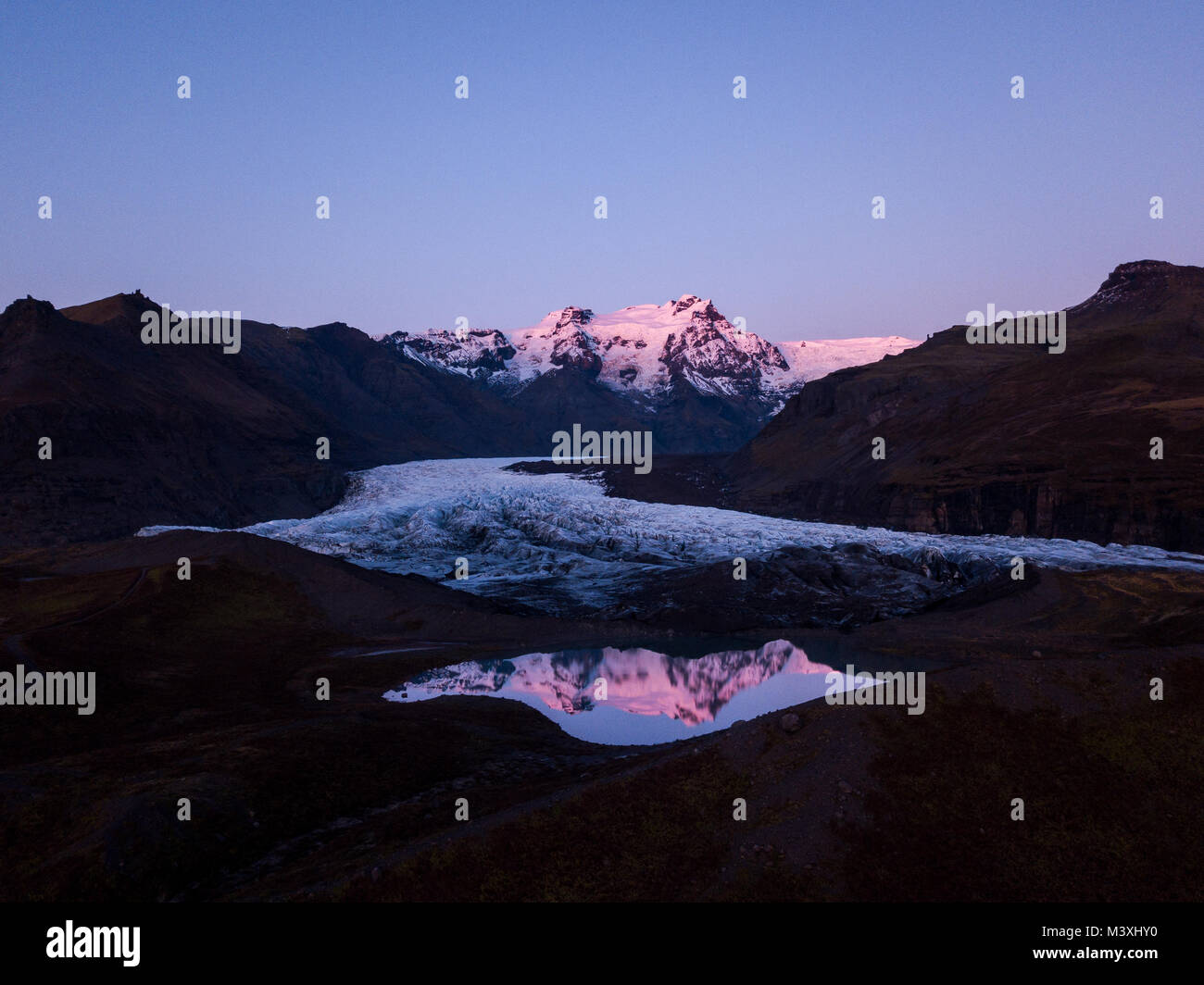 Mountains, glacier and glacial lake Morsarlon in Skaftafell National Park of Iceland. landscape South Iceland Sunset and Sunrise Stock Photo
