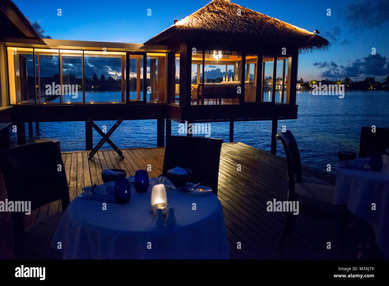 The Residence Hotel and Resort restaurant, Gaafu Alifu Atoll. Maldives Islands. Stock Photo