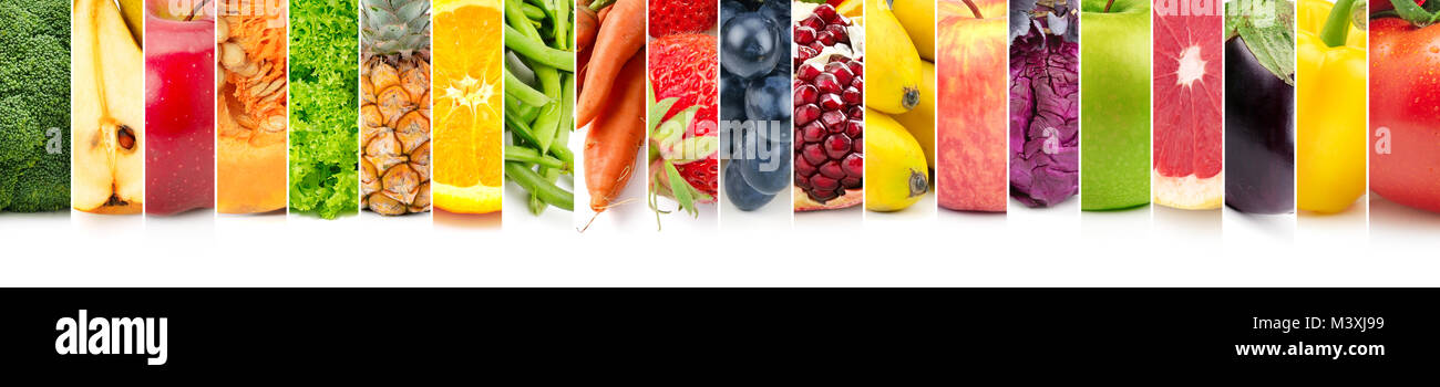 Panoramic set fruits, vegetables and berries on white background. Stock Photo