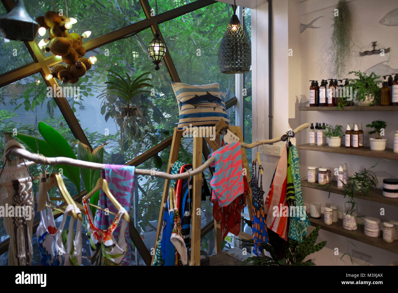 Island Bazaar souvenir and fashion shop in the Majeedhee Magu street in the city center Male Maldives Stock Photo