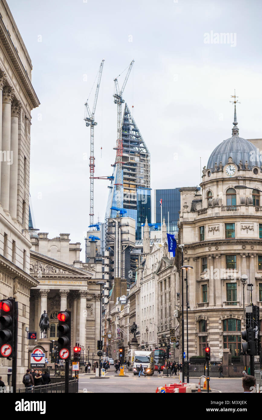 Commercial real estate / property: View of the steel structure of the Scalpel under construction with tower cranes along Cornhill, City of London EC3 Stock Photo