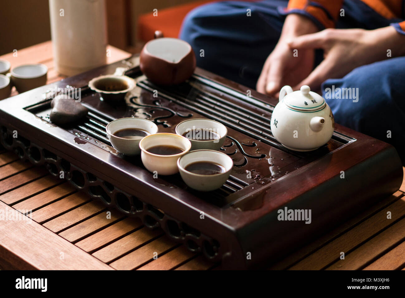 Exquisite Hot Tea in Teapot at Traditional Chinese Tea Ceremony. Set of