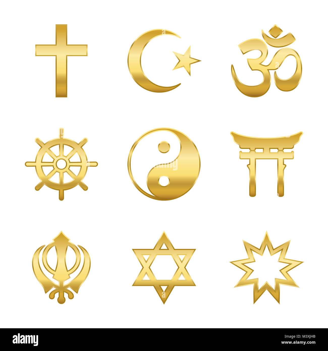 Golden world religion symbols. Signs of major religious groups and religions. Christianity, Islam, Hinduism, Buddhism, Taoism, Shinto, Sikhism Judaism Stock Photo