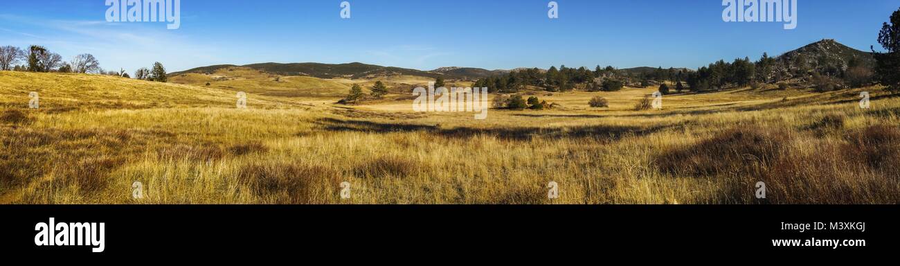 Panoramic Landscape Southwest US Plains Meadow Prairie Natural Grassland Blue Skyline.  Cuyamaca Rancho California State Park San Diego County Horizon Stock Photo