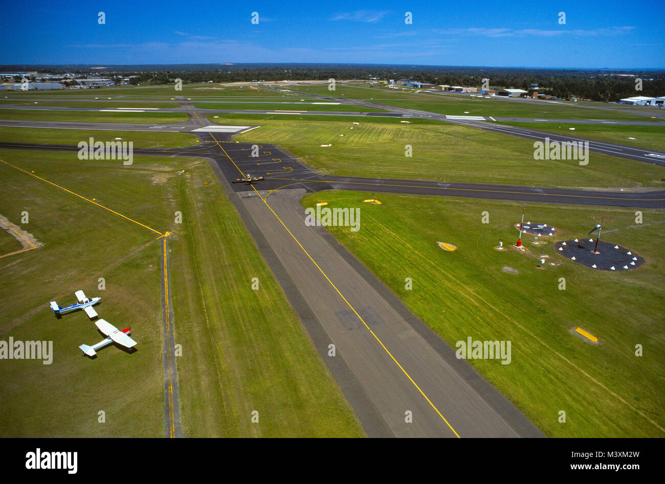 Aerial view of runways at Sydney (Kingsford Smith) Airport (IATA: SYD, ICAO: YSSY ) in Australia. Stock Photo