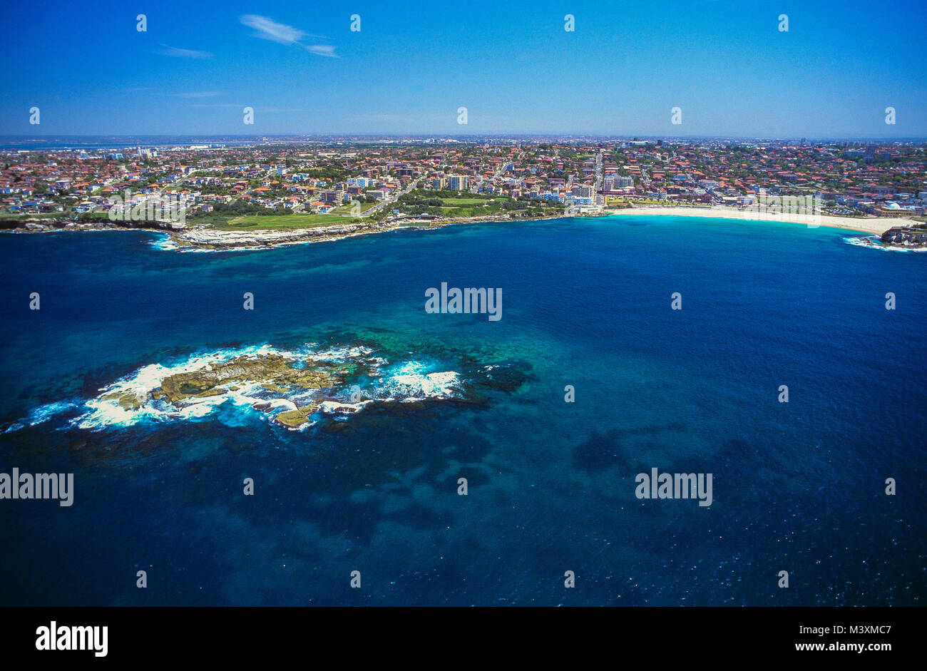 An aerial view of Coogee Beach and Wedding Cake Island in Sydney, Australia. Stock Photo