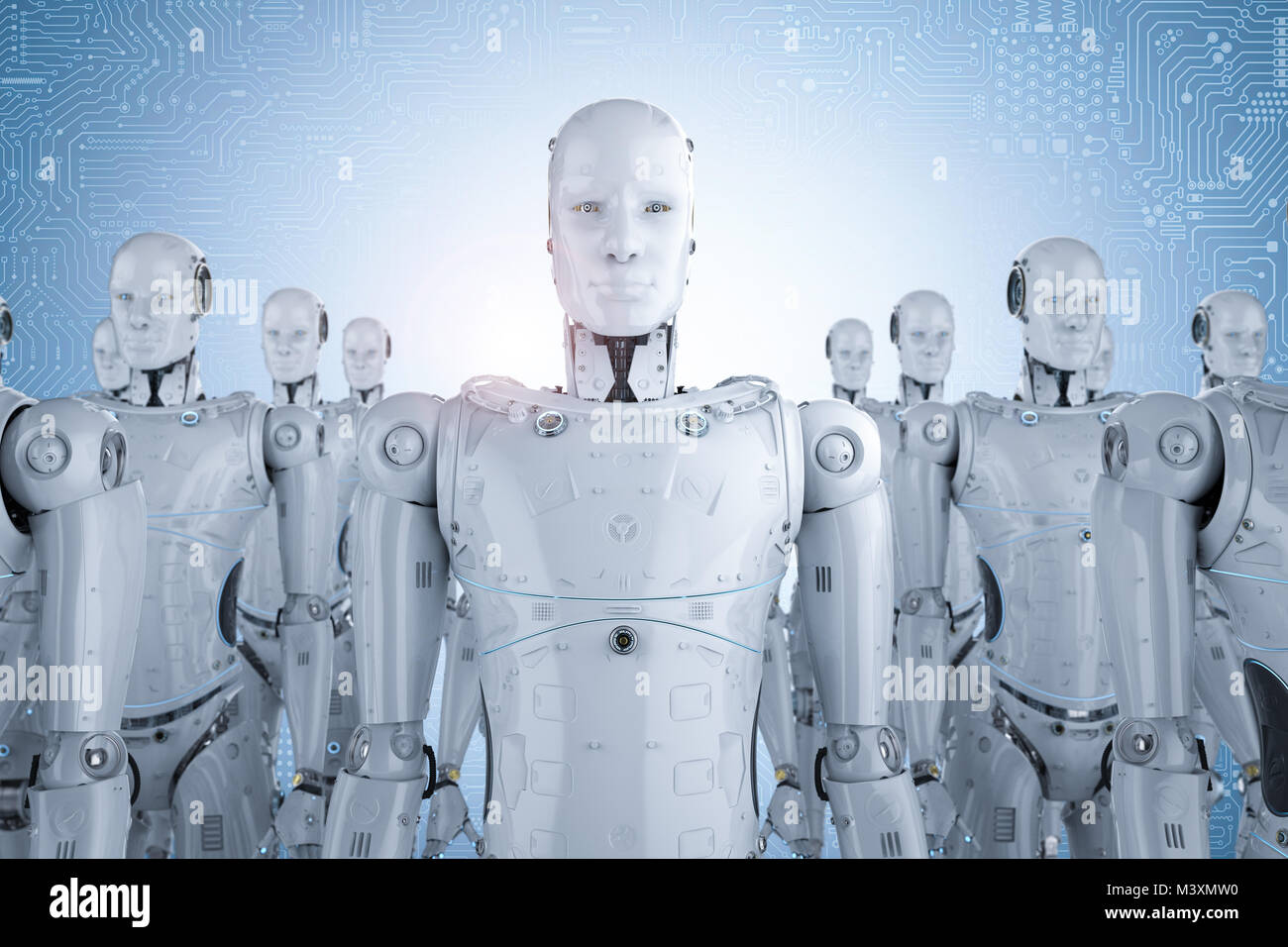 3d rendering group of humanoid robots in a row Stock Photo