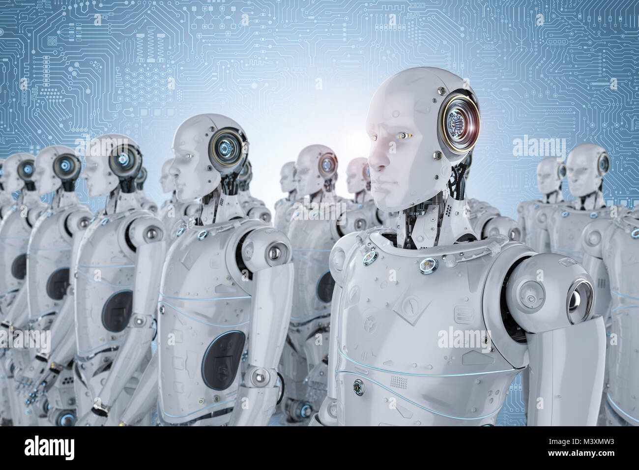 3d rendering group of humanoid robots in a row Stock Photo