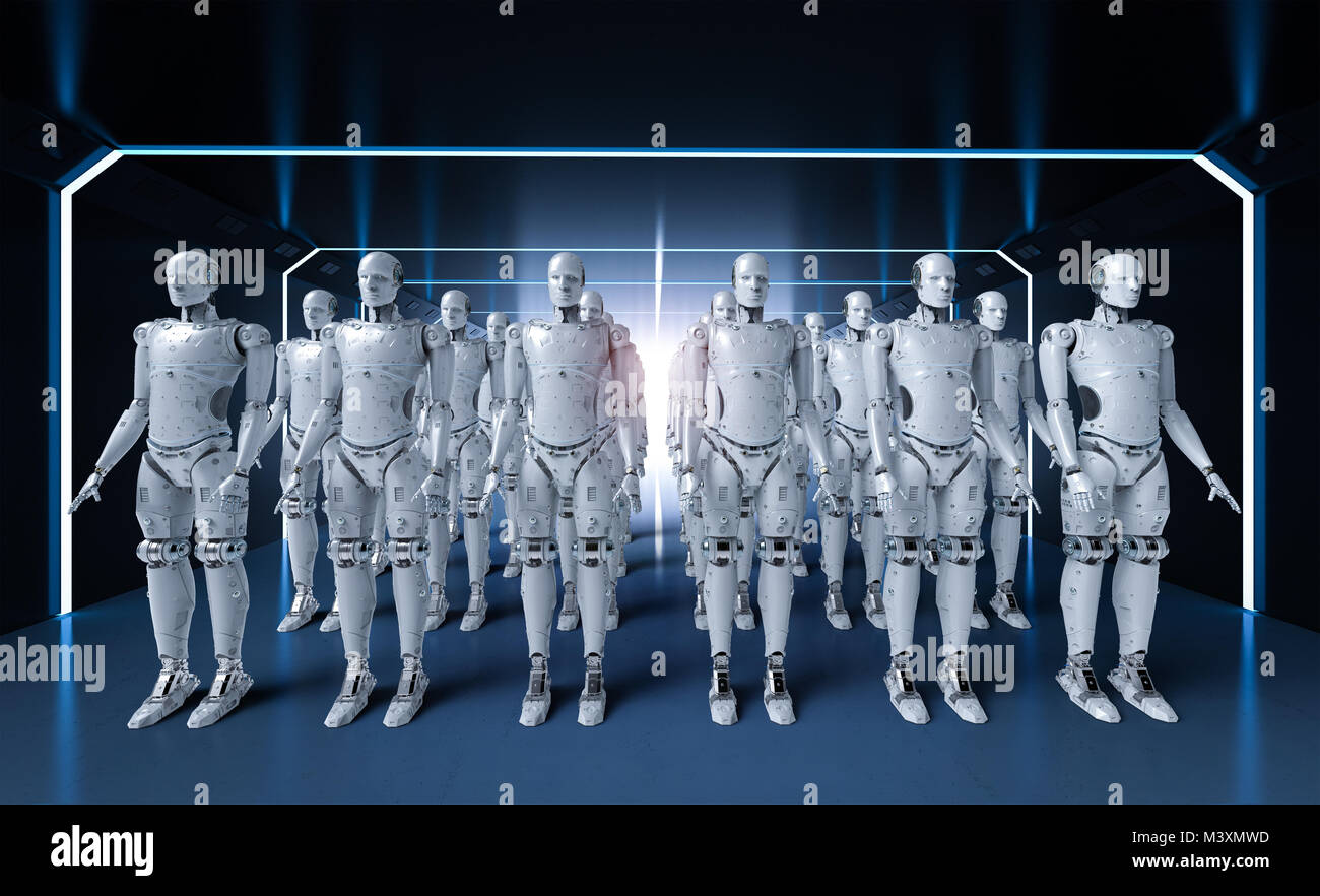 3d rendering group of humanoid robots in a row Stock Photo