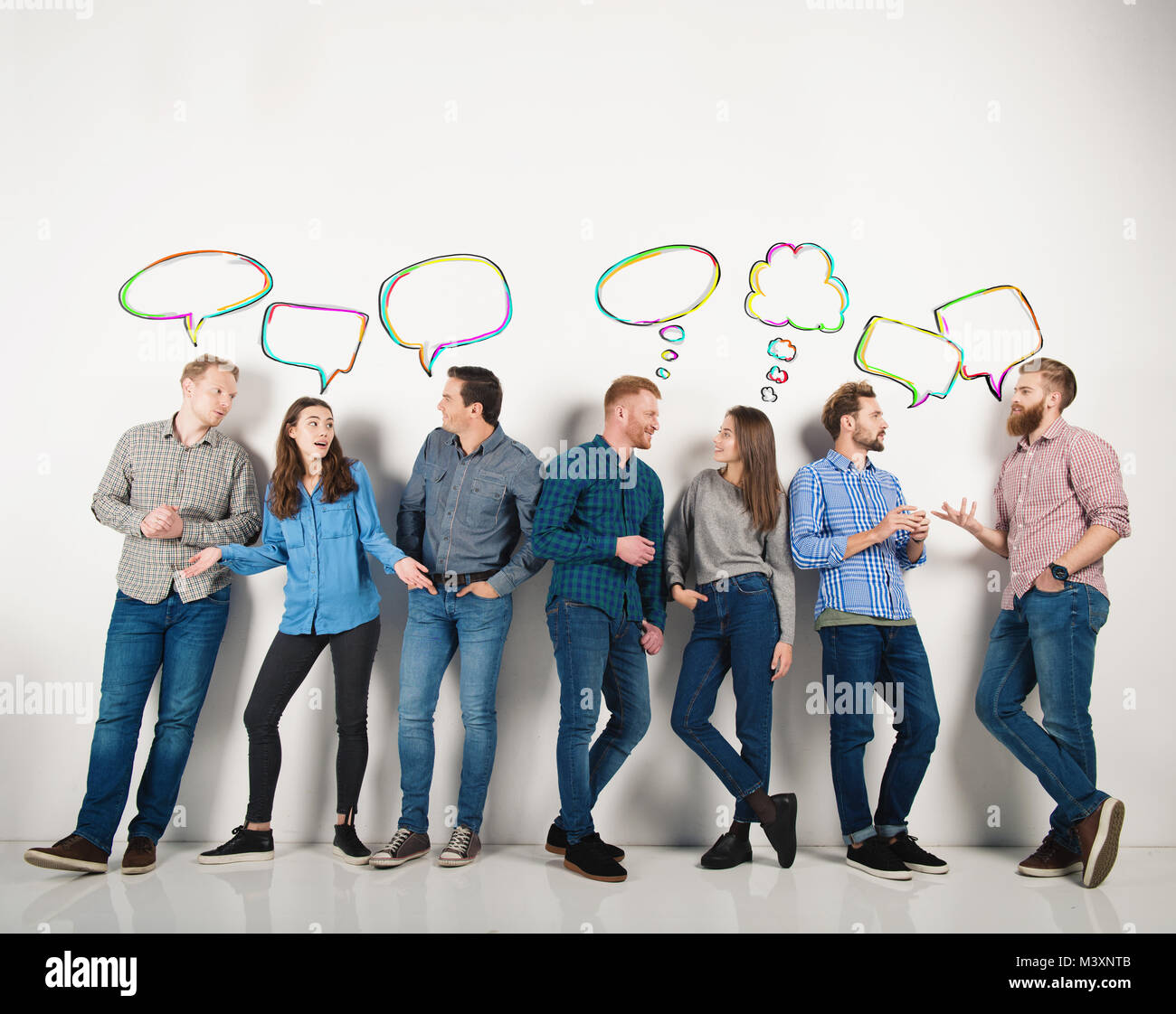 Group of boys and girls speak talking to each other. Concept of social