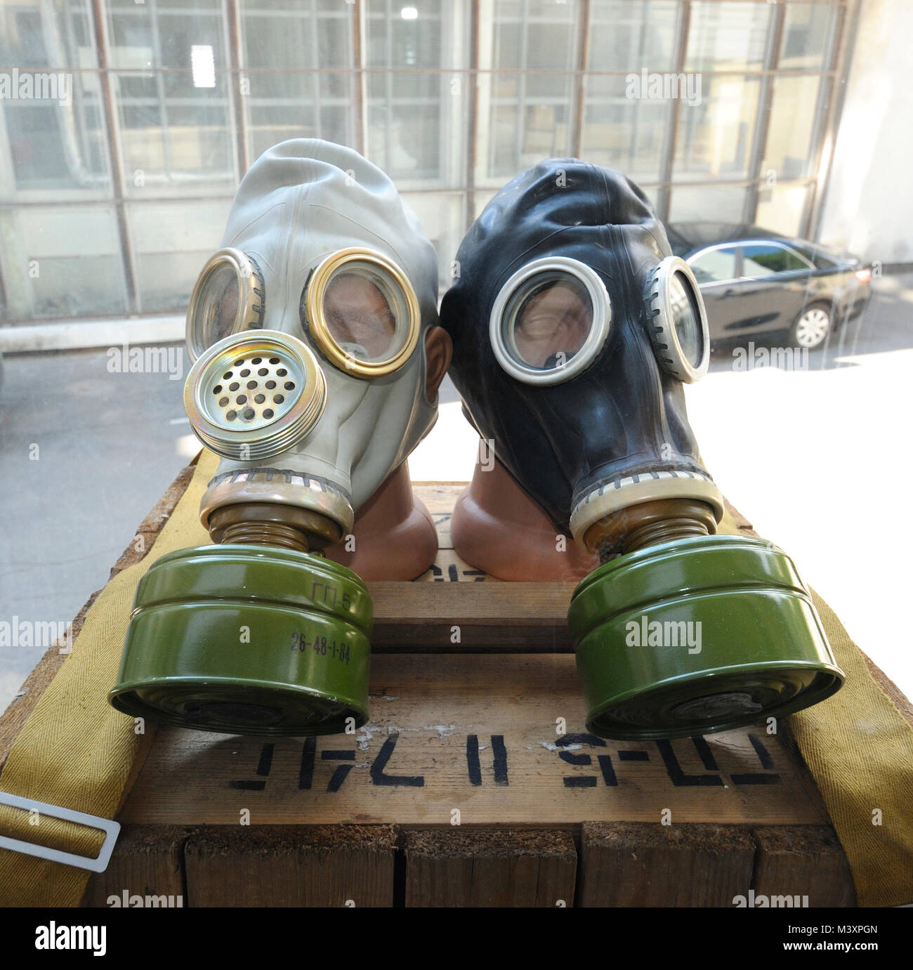 Made in Ukraine gas masks pleased on a wooden crate Stock Photo - Alamy