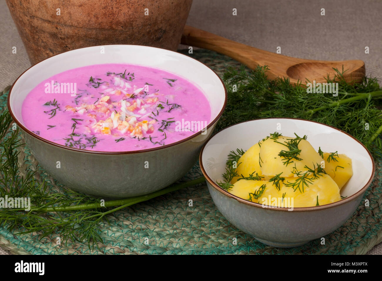 Traditional lithuanian cold beet pink soup, prepared of cucumber, beetrot, eggs and sour cream, called saltibarsciai Stock Photo