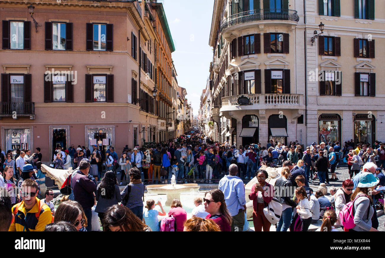 ROME, ITALY - APRIL 22, 2017: Tourists jam by world famous Spanish Steps (Piazza di Spagna) . Rome, Italy. Stock Photo