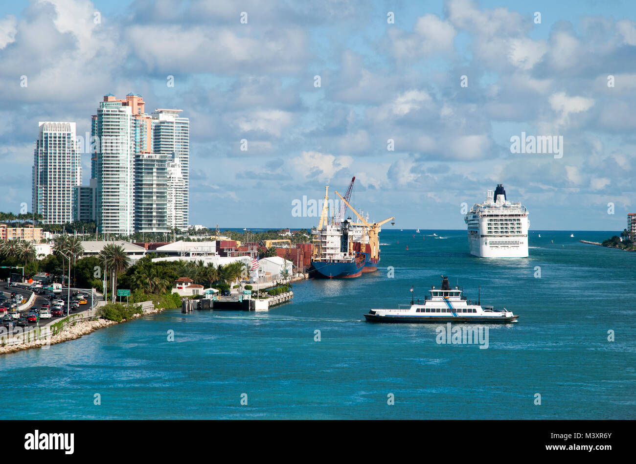 The busy water traffic in Miami Main Channel, the gateway to open sea (Florida). Stock Photo