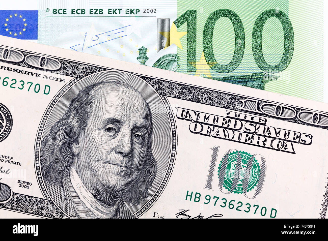 One hundred dollar bill to one hundred euro bill. Stock Photo
