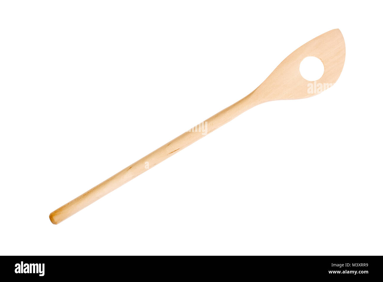 Wooden kitchen utensil with hole isolated on white background Stock
