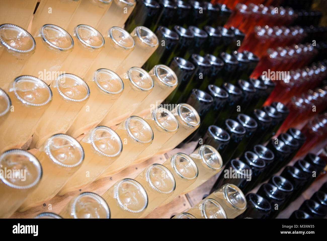 Sparkling wine bottles fermenting in winery Stock Photo Alamy