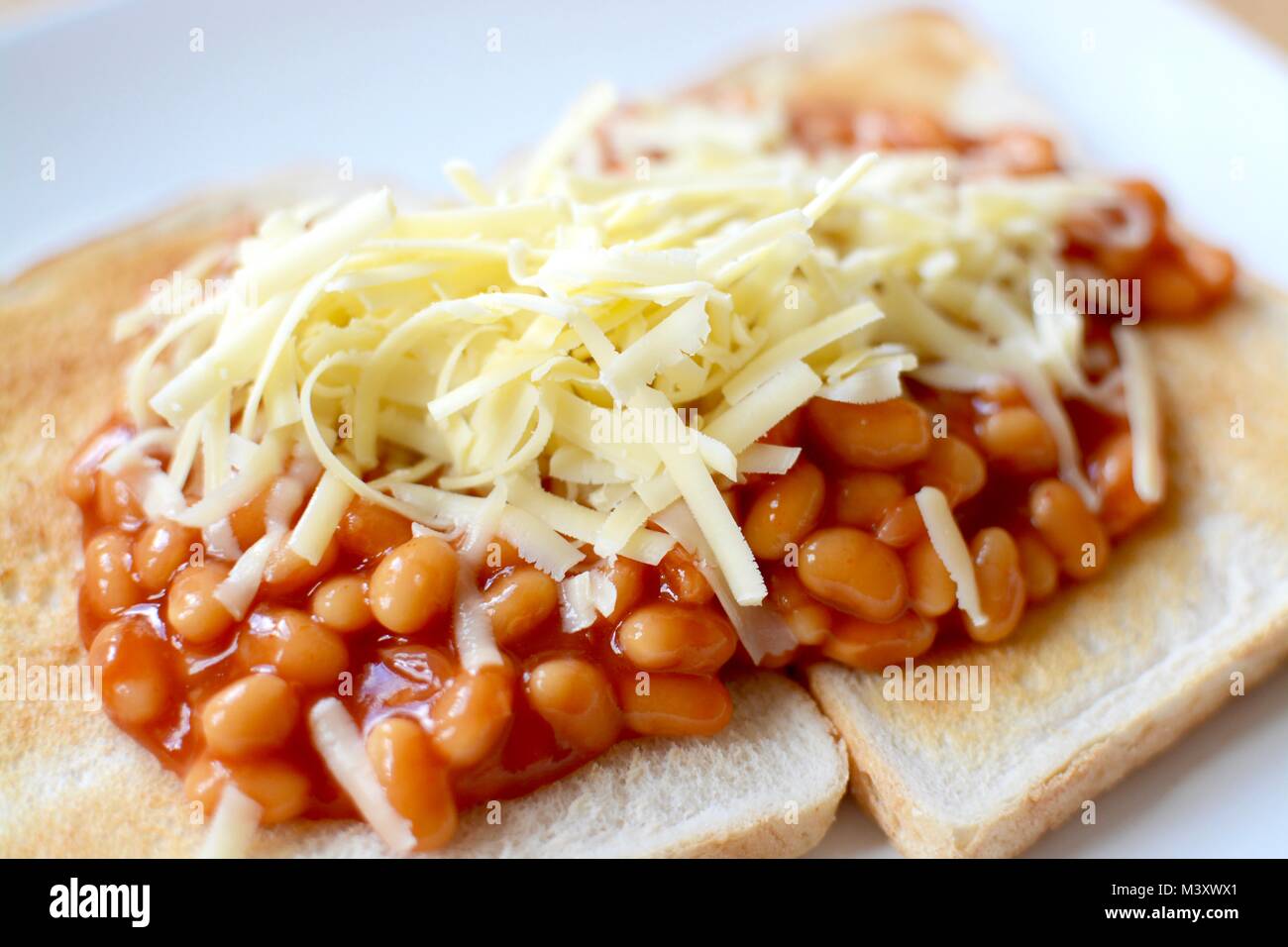 Baked Beans On White Toast Topped With Grated Cheddar Cheese Stock Baked Beans On White Toast Topped With Grated Cheddar Cheese Stock