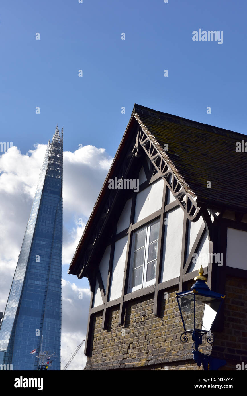 an unusual or different alternative view of the shard offices building in central london next to shakespeare's globe theatre. the shard modern block. Stock Photo