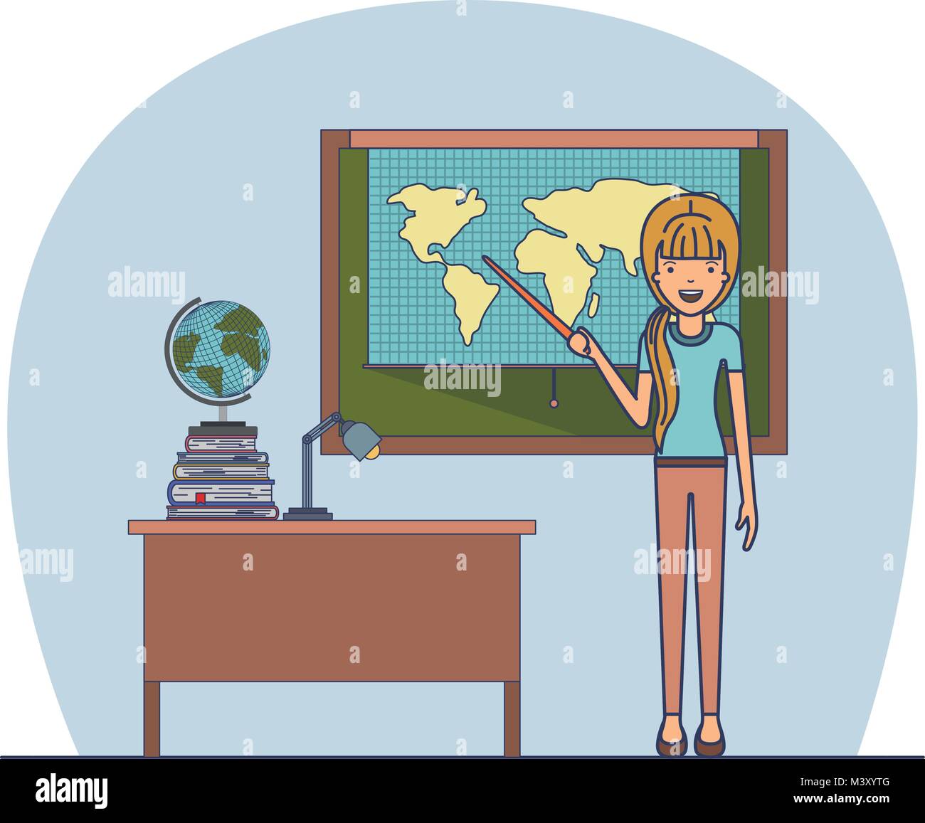 female teacher in geography class with pile books Stock Vector Image ...