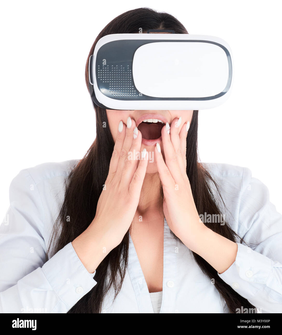 Young woman is using VR headset isolated on white background Stock ...