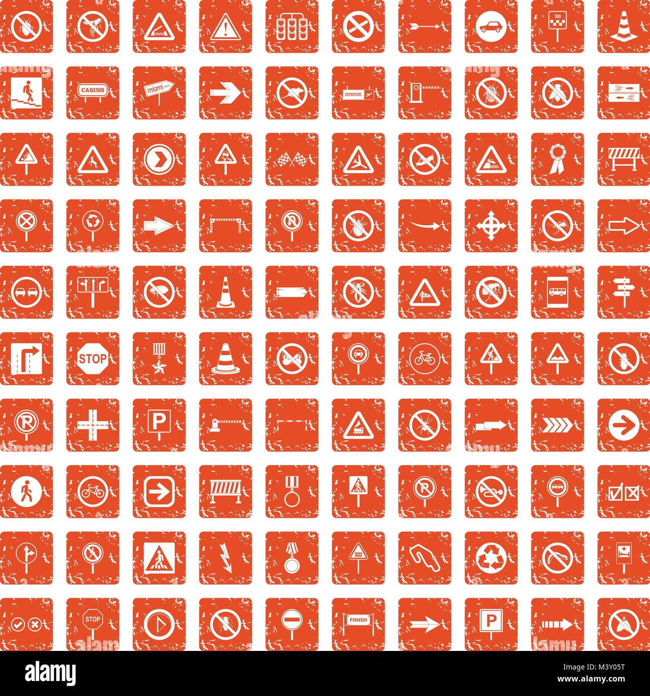 100 road signs icons set grunge orange Stock Vector