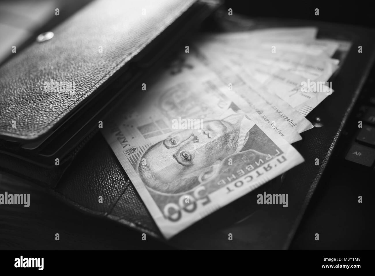 Money, UAH, hryvna, black and White, Ukrainian Hryvnia UAH financial operations success Stock Photo