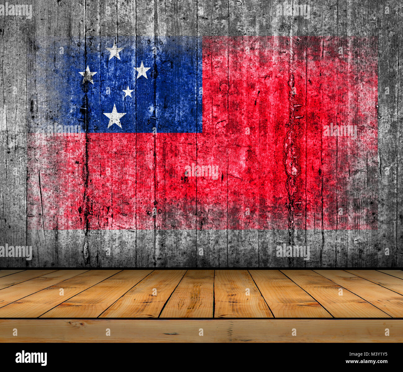 Samoa flag painted on concrete with wooden floor Stock Photo - Alamy