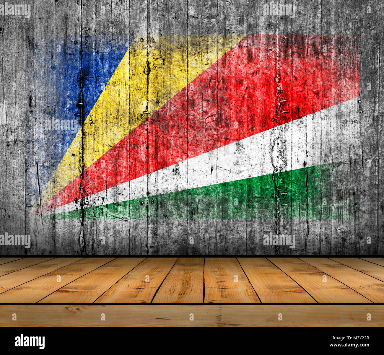 Seychelles flag painted on concrete with wooden floor Stock Photo - Alamy
