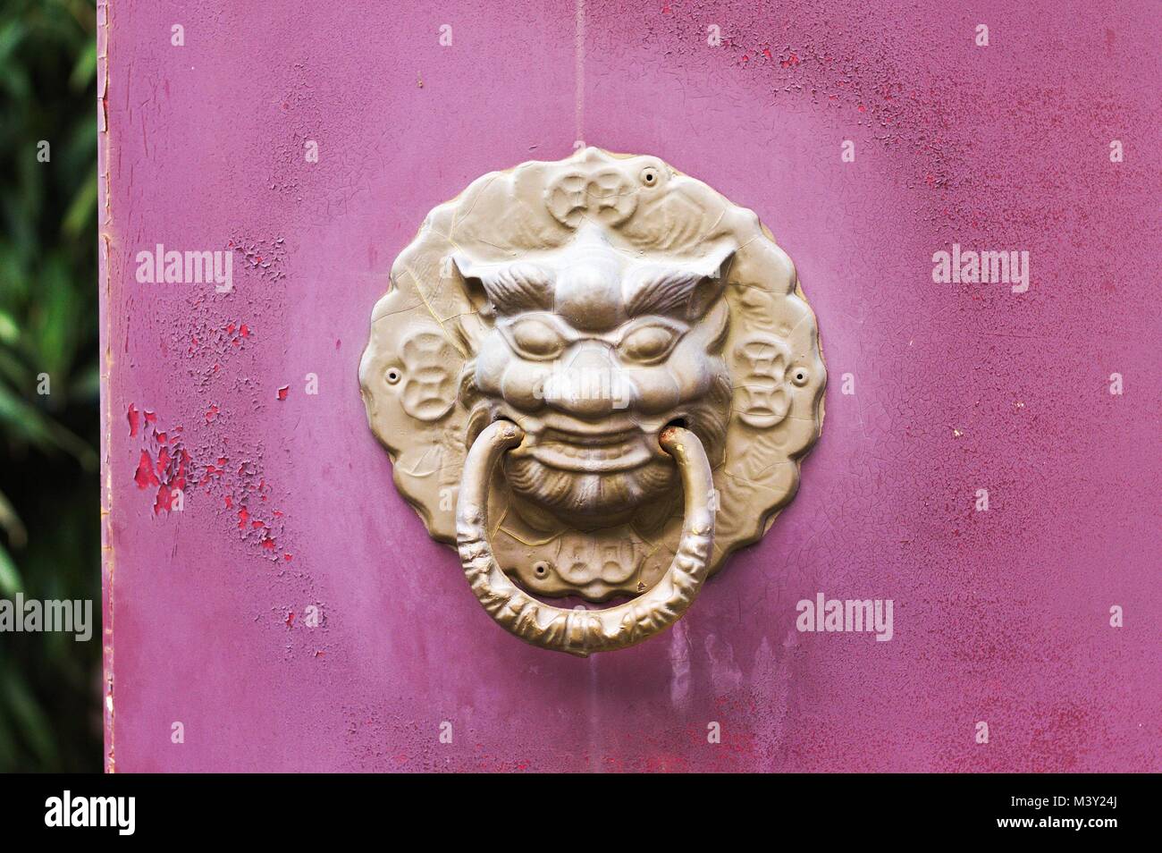 Golden door handle - knocker in a violet wooden door (Kunming, Yunnan, China) Stock Photo