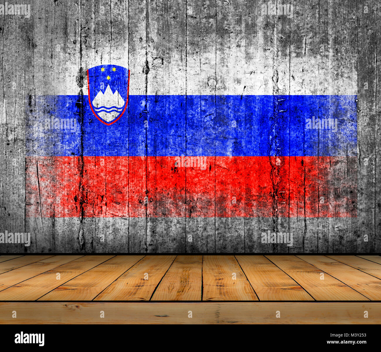 Slovenia flag painted on concrete with wooden floor Stock Photo - Alamy