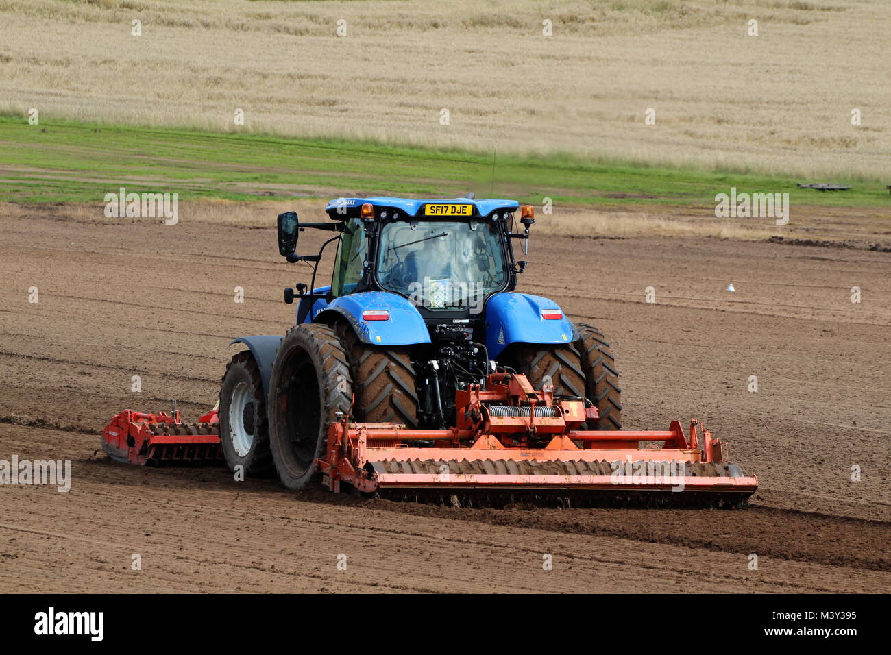 A New Holland T7.245 tractor operated by Hamish Gilbert, preparing the ground at West Kilbride in Ayrshire. Stock Photo