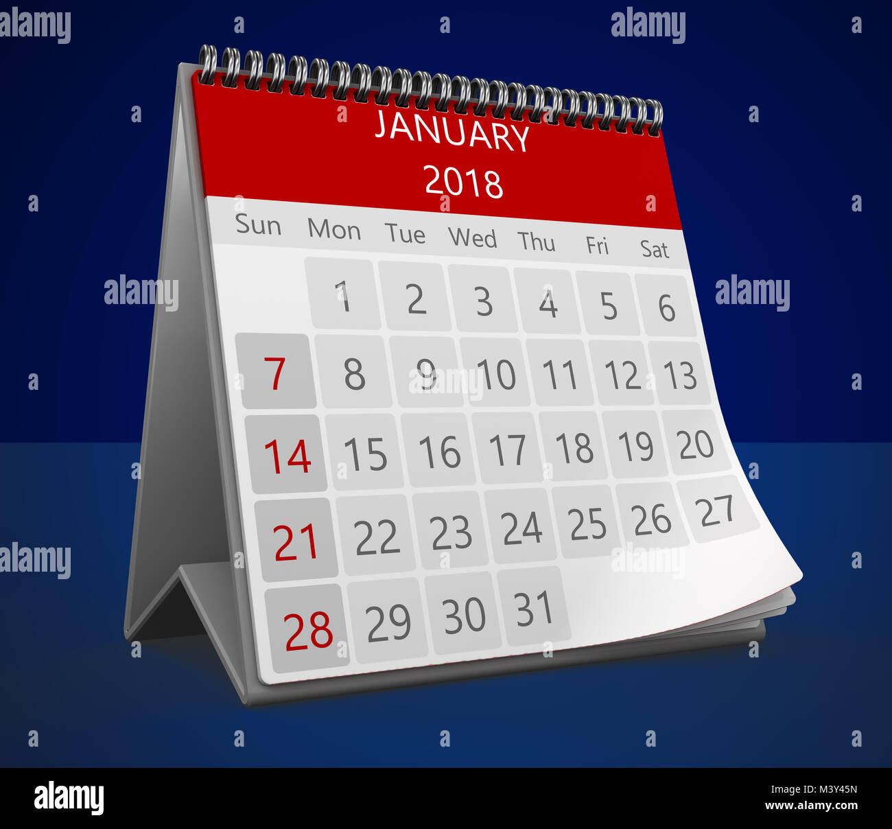 3d illustration of monthly calendar on blue, 2018 january page Stock ...