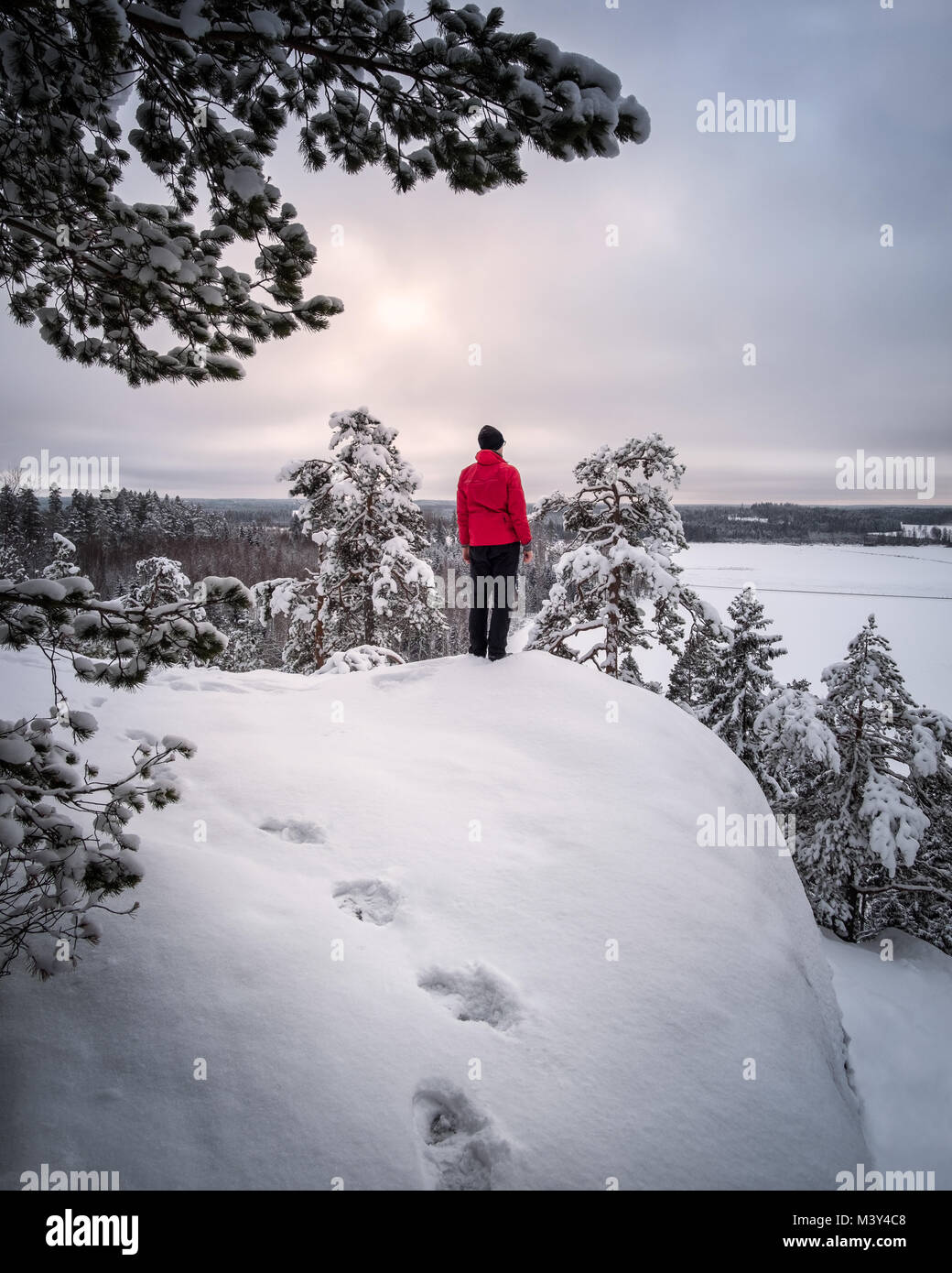 Hiker standing top of the hill at winter evening in Finland Stock Photo