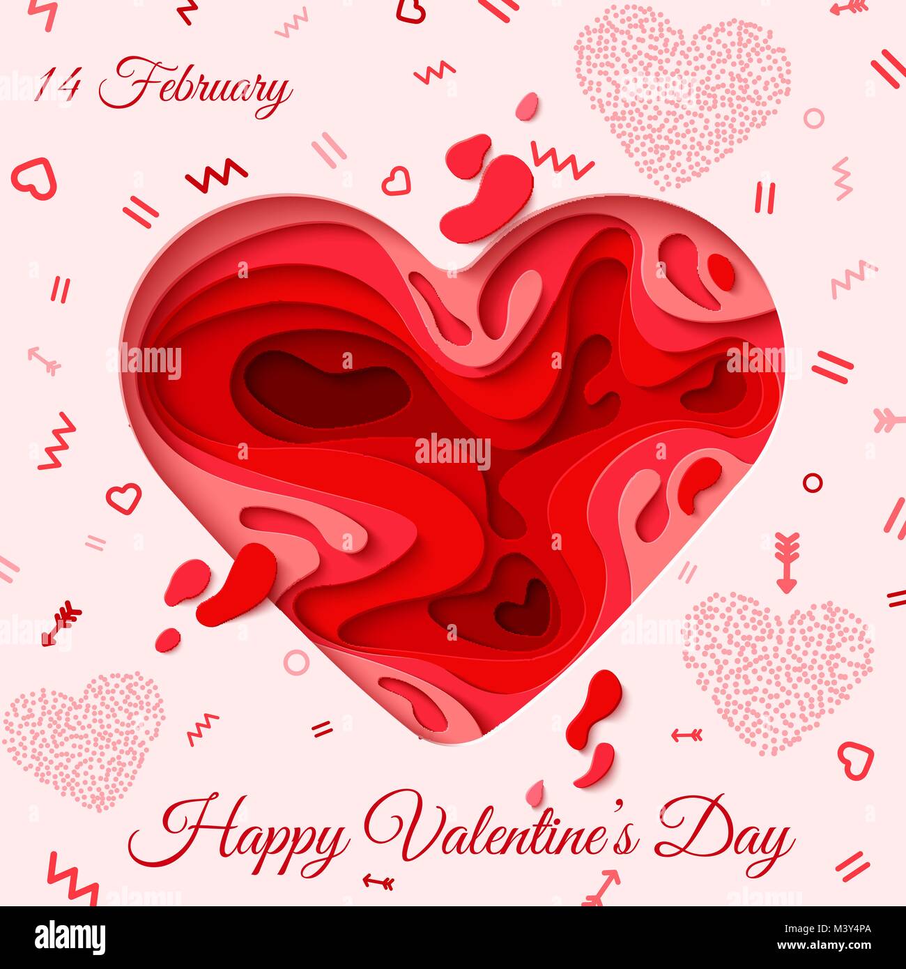 Happy Valentines Day greeting card. 3d paper cut heart concept ...